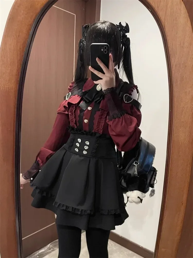 Dark Sweet Heart Ground Type Lolita Set, Ruffle Sleeve Top & A-line Skirt, Cute Kawaii Japanese Style Gothic Coord Outfit S-XL