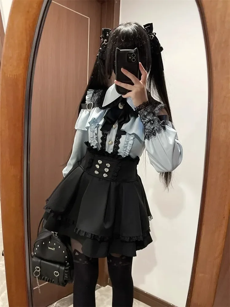 Dark Sweet Heart Ground Type Lolita Set, Ruffle Sleeve Top & A-line Skirt, Cute Kawaii Japanese Style Gothic Coord Outfit S-XL
