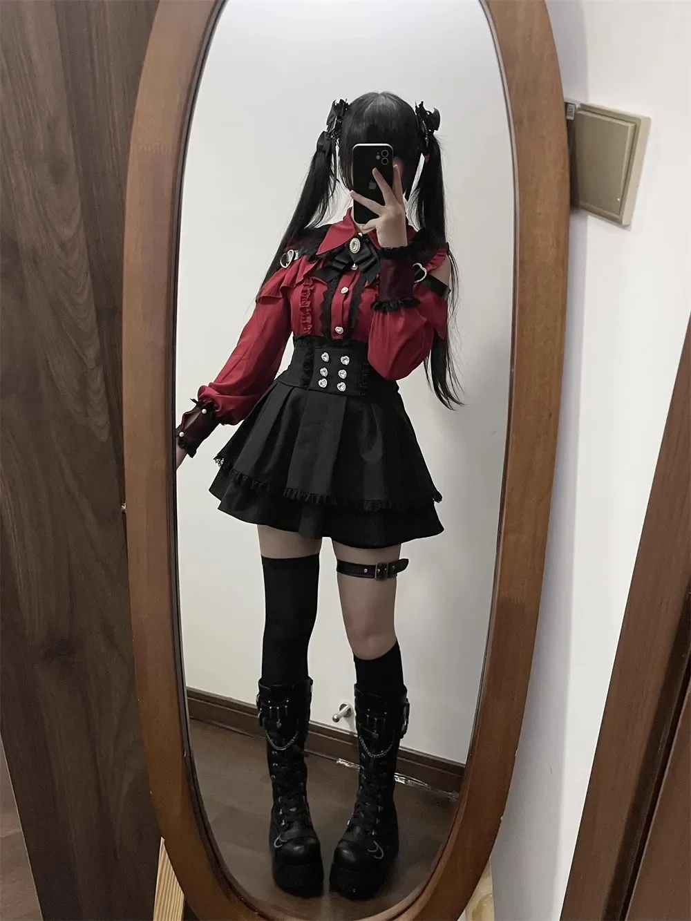 Dark Sweet Heart Ground Type Lolita Set, Ruffle Sleeve Top & A-line Skirt, Cute Kawaii Japanese Style Gothic Coord Outfit S-XL