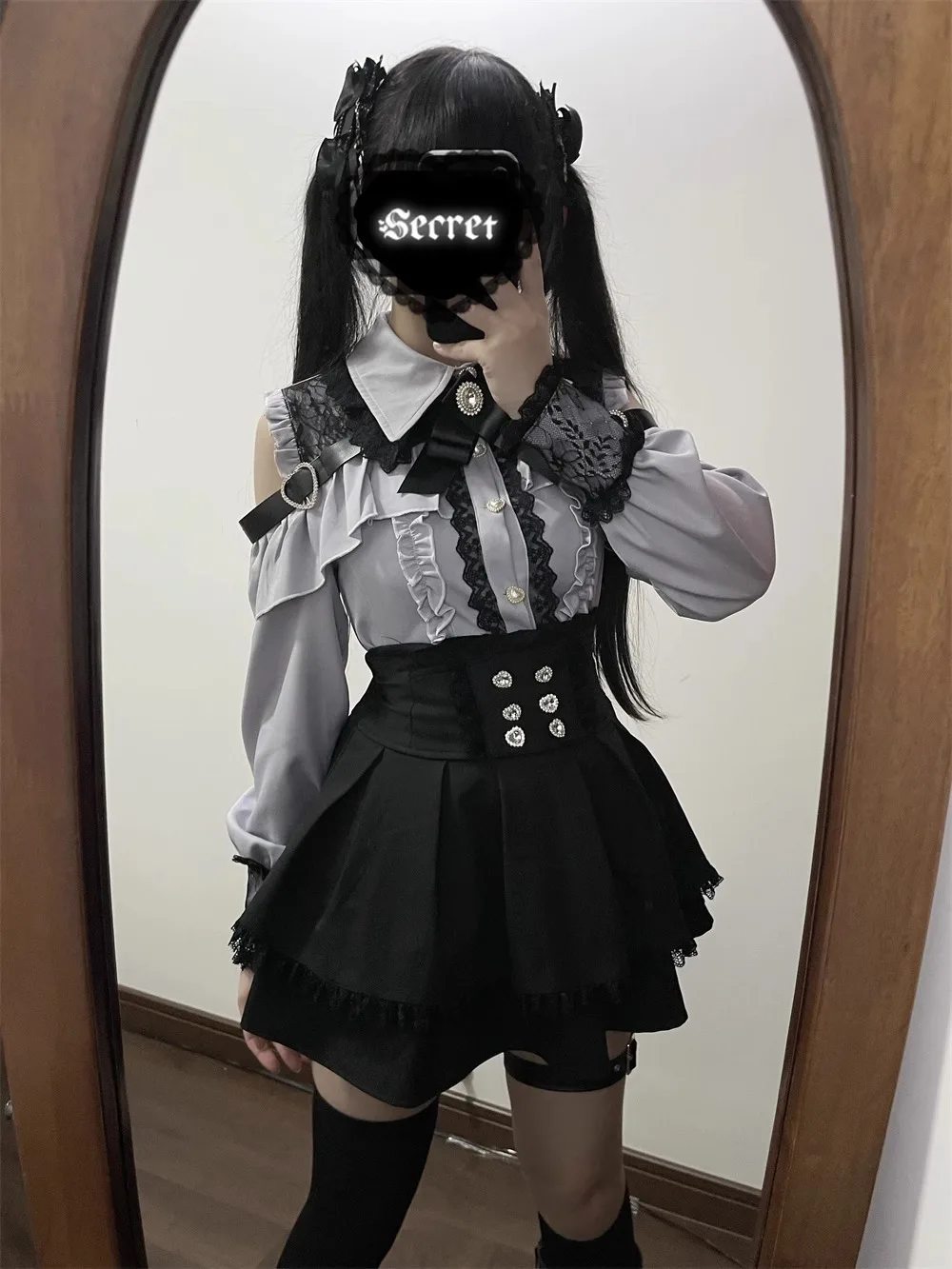 Dark Sweet Heart Ground Type Lolita Set, Ruffle Sleeve Top & A-line Skirt, Cute Kawaii Japanese Style Gothic Coord Outfit S-XL