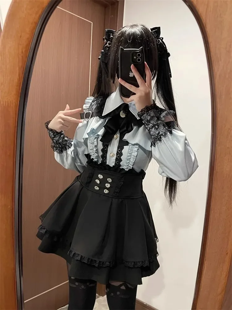 Dark Sweet Heart Ground Type Lolita Set, Ruffle Sleeve Top & A-line Skirt, Cute Kawaii Japanese Style Gothic Coord Outfit S-XL