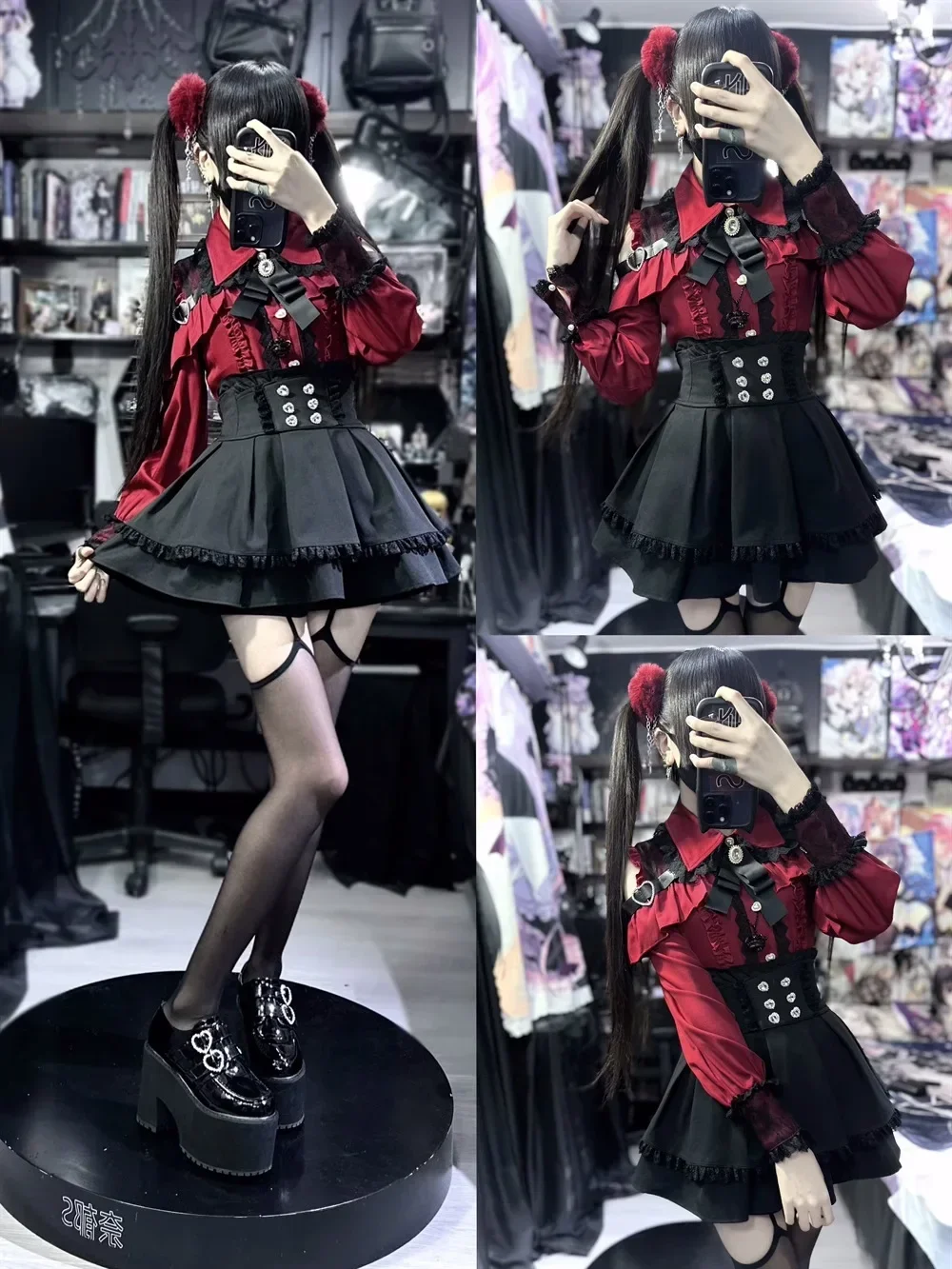Dark Sweet Heart Ground Type Lolita Set, Ruffle Sleeve Top & A-line Skirt, Cute Kawaii Japanese Style Gothic Coord Outfit S-XL