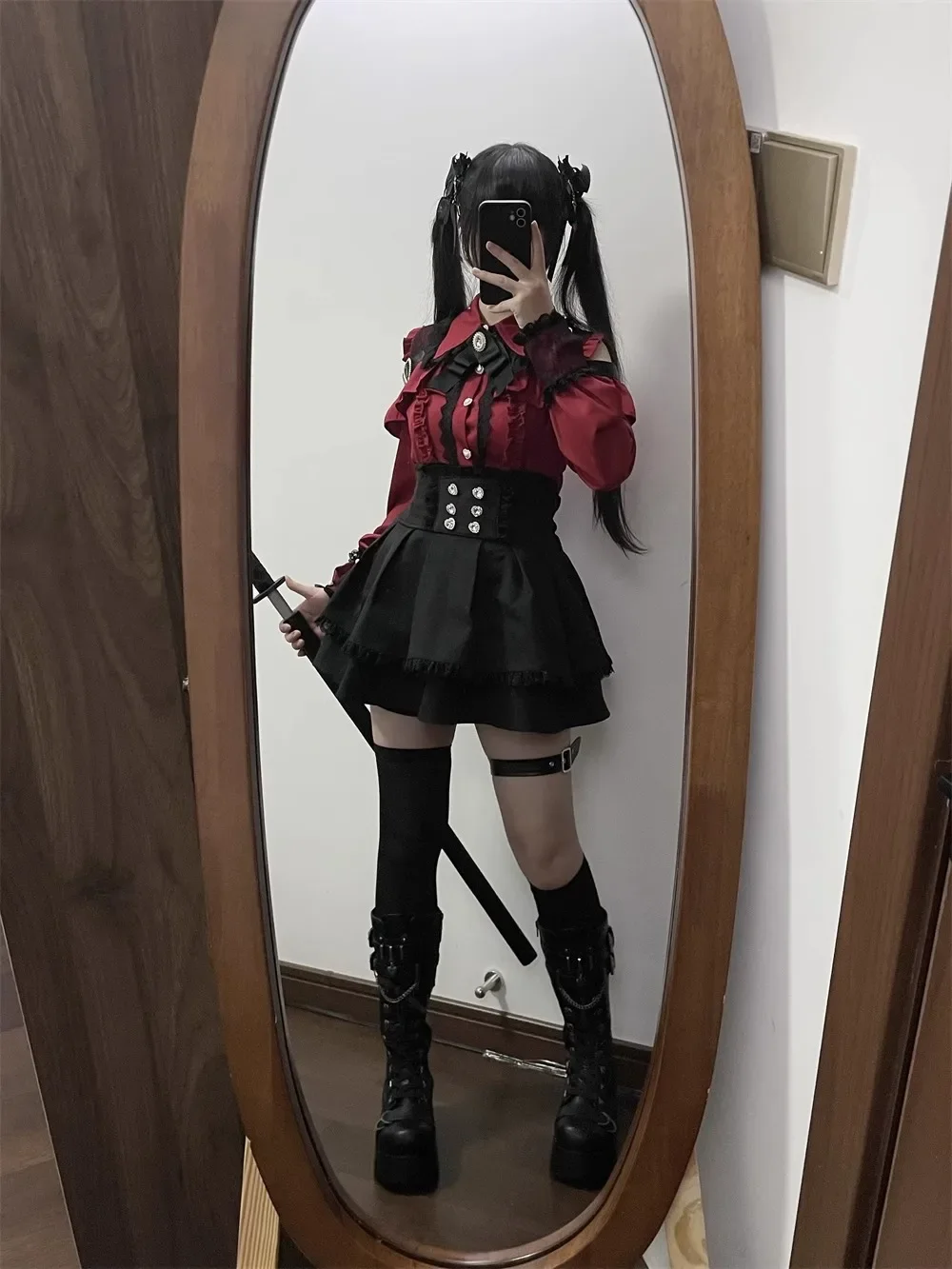 Dark Sweet Heart Ground Type Lolita Set, Ruffle Sleeve Top & A-line Skirt, Cute Kawaii Japanese Style Gothic Coord Outfit S-XL