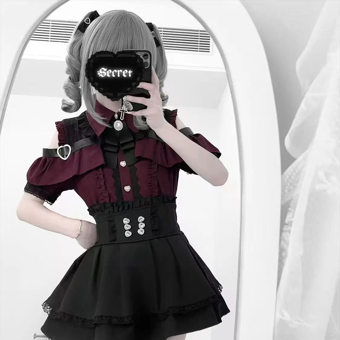 Dark Sweet Heart Ground Type Lolita Set, Ruffle Sleeve Top & A-line Skirt, Cute Kawaii Japanese Style Gothic Coord Outfit S-XL