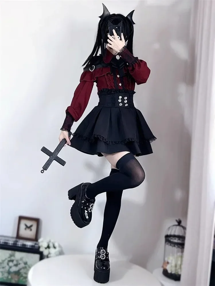 Dark Sweet Heart Ground Type Lolita Set, Ruffle Sleeve Top & A-line Skirt, Cute Kawaii Japanese Style Gothic Coord Outfit S-XL