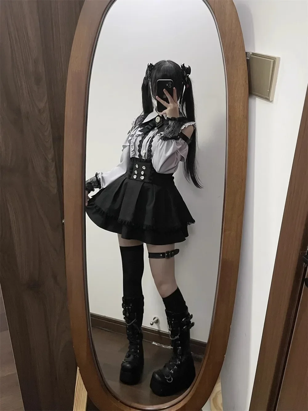 Dark Sweet Heart Ground Type Lolita Set, Ruffle Sleeve Top & A-line Skirt, Cute Kawaii Japanese Style Gothic Coord Outfit S-XL