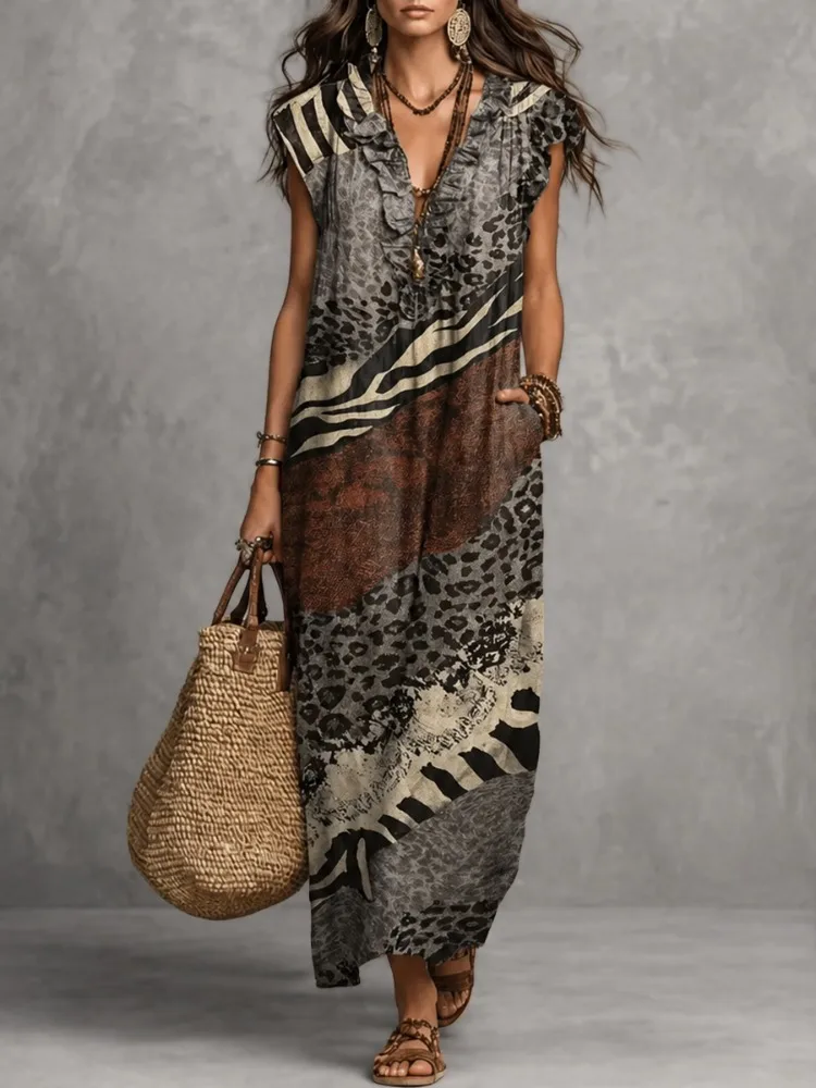 Yeezzi 2026 New Women Leopard Zebra Printed Ruffled V-Neck Maxi Dresses Loose Cap Sleeves Back Slit Vacation Casual Summer Dress