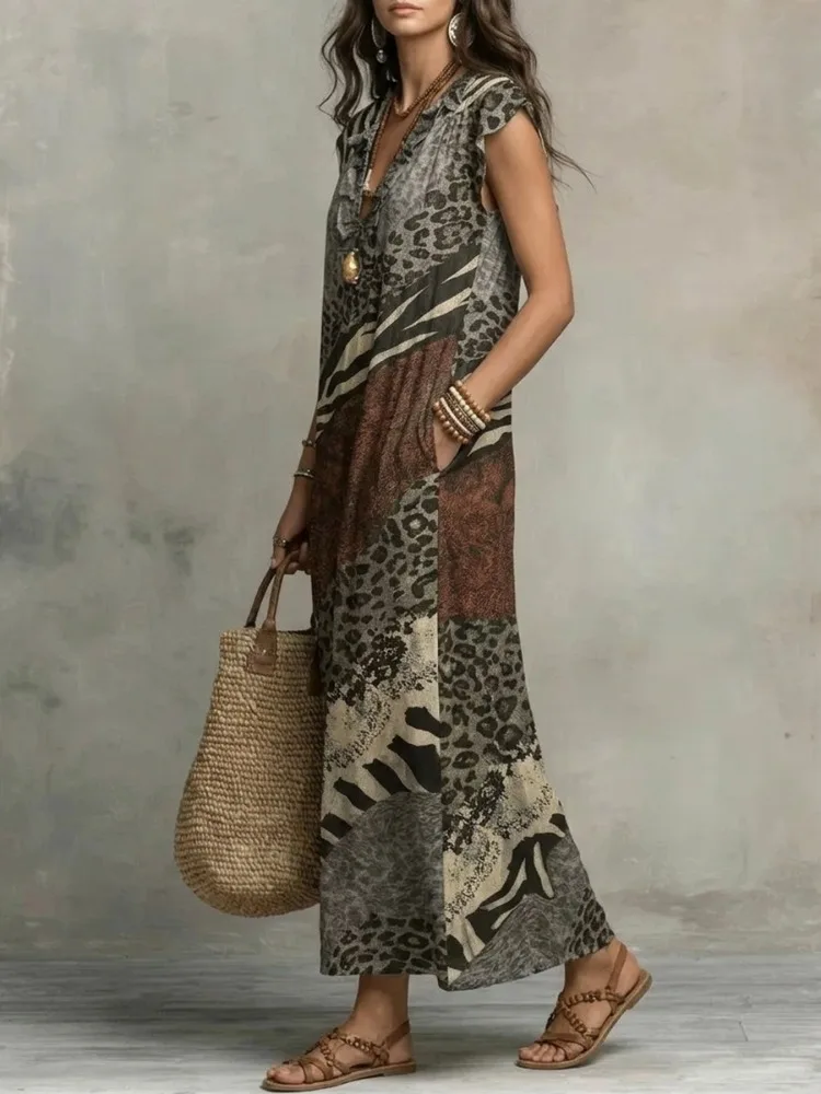 Yeezzi 2026 New Women Leopard Zebra Printed Ruffled V-Neck Maxi Dresses Loose Cap Sleeves Back Slit Vacation Casual Summer Dress