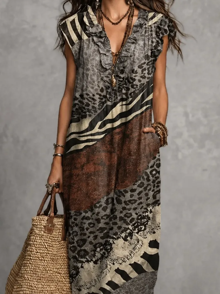 Yeezzi 2026 New Women Leopard Zebra Printed Ruffled V-Neck Maxi Dresses Loose Cap Sleeves Back Slit Vacation Casual Summer Dress