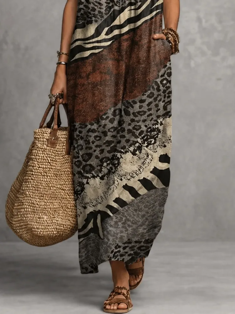 Yeezzi 2026 New Women Leopard Zebra Printed Ruffled V-Neck Maxi Dresses Loose Cap Sleeves Back Slit Vacation Casual Summer Dress