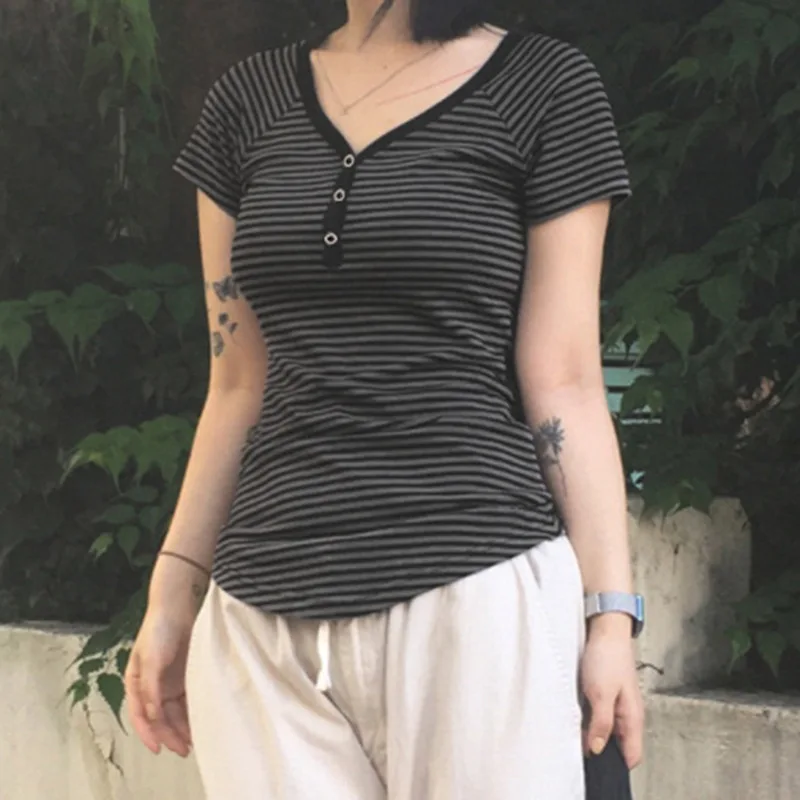 Goth Dark Casual Women Short Sleeve Striped T-shirts Y2K Fashion V-neck Button-up T-Shirt E-girl Slim Basic Tops Mall Goth Cloth