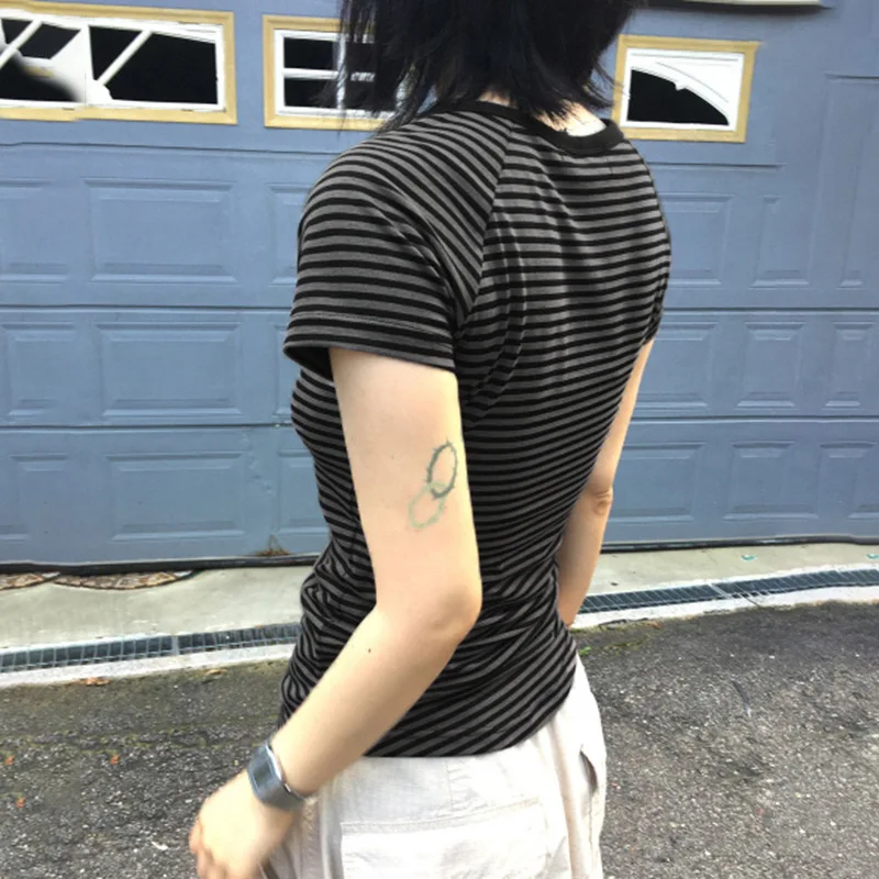 Goth Dark Casual Women Short Sleeve Striped T-shirts Y2K Fashion V-neck Button-up T-Shirt E-girl Slim Basic Tops Mall Goth Cloth