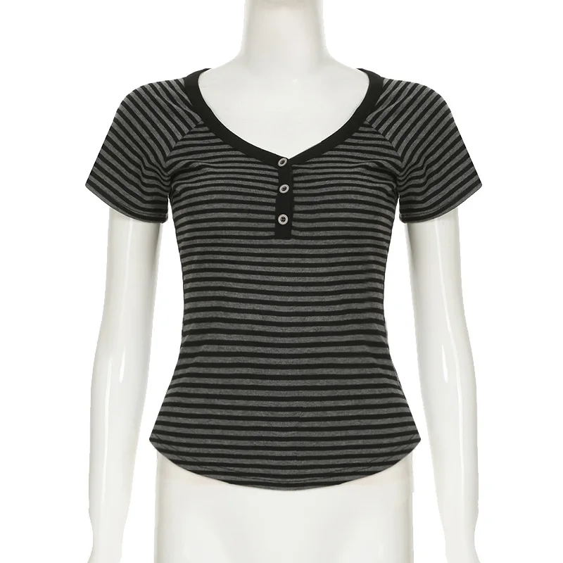Goth Dark Casual Women Short Sleeve Striped T-shirts Y2K Fashion V-neck Button-up T-Shirt E-girl Slim Basic Tops Mall Goth Cloth