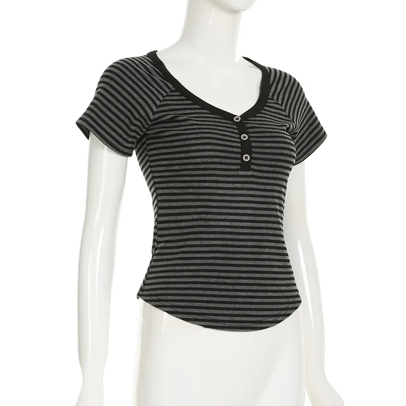 Goth Dark Casual Women Short Sleeve Striped T-shirts Y2K Fashion V-neck Button-up T-Shirt E-girl Slim Basic Tops Mall Goth Cloth