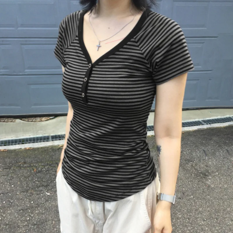 Goth Dark Casual Women Short Sleeve Striped T-shirts Y2K Fashion V-neck Button-up T-Shirt E-girl Slim Basic Tops Mall Goth Cloth