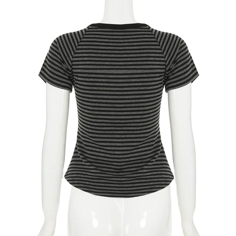 Goth Dark Casual Women Short Sleeve Striped T-shirts Y2K Fashion V-neck Button-up T-Shirt E-girl Slim Basic Tops Mall Goth Cloth