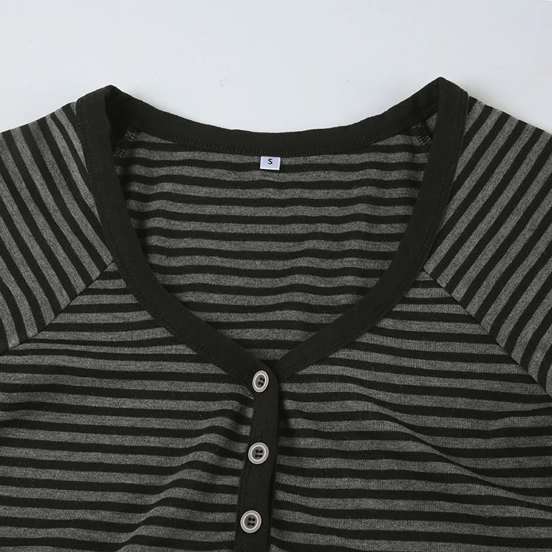 Goth Dark Casual Women Short Sleeve Striped T-shirts Y2K Fashion V-neck Button-up T-Shirt E-girl Slim Basic Tops Mall Goth Cloth