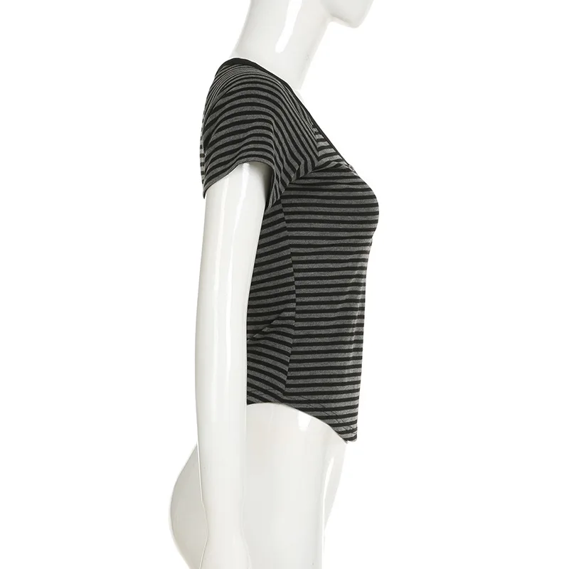 Goth Dark Casual Women Short Sleeve Striped T-shirts Y2K Fashion V-neck Button-up T-Shirt E-girl Slim Basic Tops Mall Goth Cloth