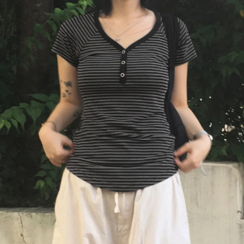 Goth Dark Casual Women Short Sleeve Striped T-shirts Y2K Fashion V-neck Button-up T-Shirt E-girl Slim Basic Tops Mall Goth Cloth