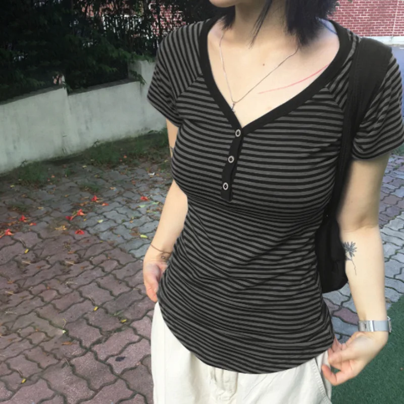 Goth Dark Casual Women Short Sleeve Striped T-shirts Y2K Fashion V-neck Button-up T-Shirt E-girl Slim Basic Tops Mall Goth Cloth