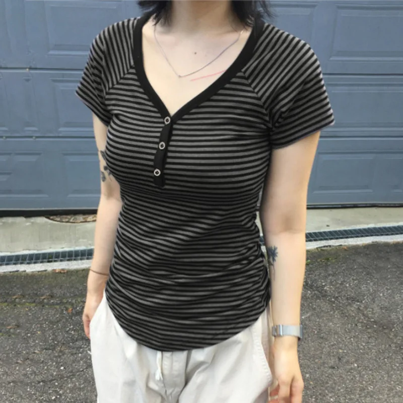 Goth Dark Casual Women Short Sleeve Striped T-shirts Y2K Fashion V-neck Button-up T-Shirt E-girl Slim Basic Tops Mall Goth Cloth