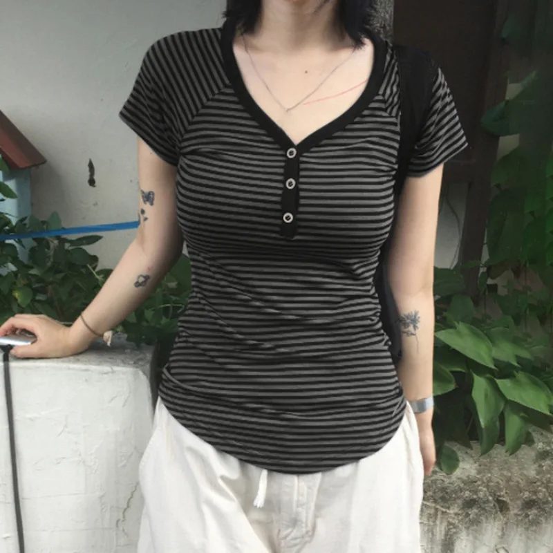 Goth Dark Casual Women Short Sleeve Striped T-shirts Y2K Fashion V-neck Button-up T-Shirt E-girl Slim Basic Tops Mall Goth Cloth