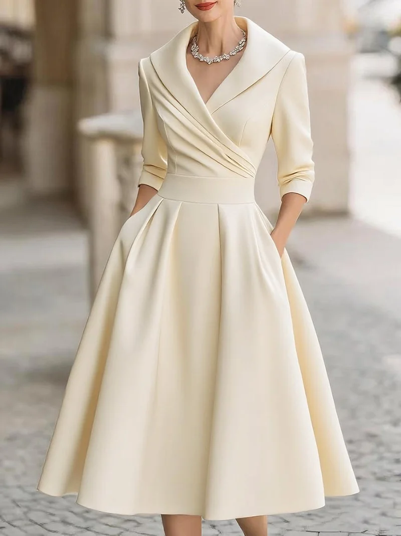 Women's Vintage V Neck Long Sleeve Wrap Waist A Line Midi Dress with Pockets