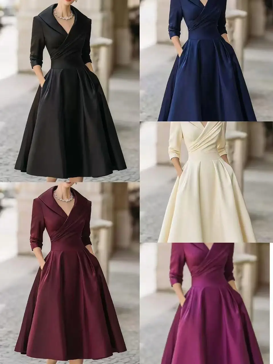 Women's Vintage V Neck Long Sleeve Wrap Waist A Line Midi Dress with Pockets