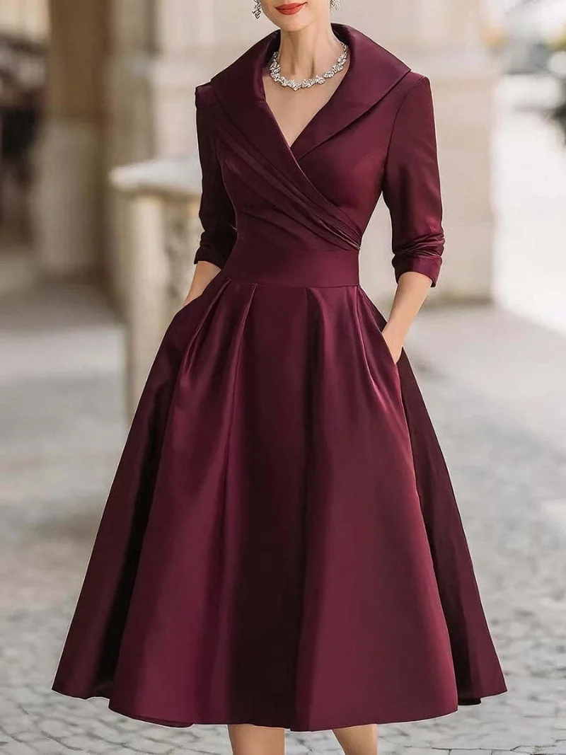 Women's Vintage V Neck Long Sleeve Wrap Waist A Line Midi Dress with Pockets