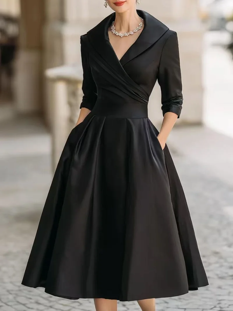 Women's Vintage V Neck Long Sleeve Wrap Waist A Line Midi Dress with Pockets