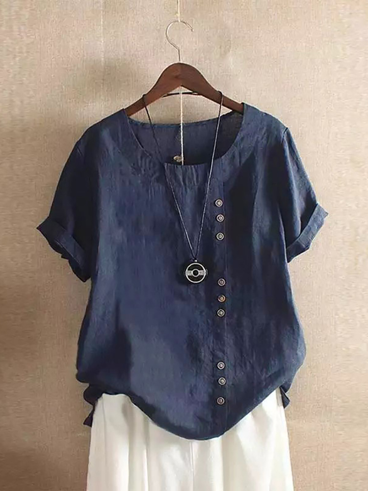 Vintage Harajuku Button T Shirt Casual Summer Short Sleeve Cotton Linen Solid Loose Blouse Elegant Oversize Tee Shirt Streetwear