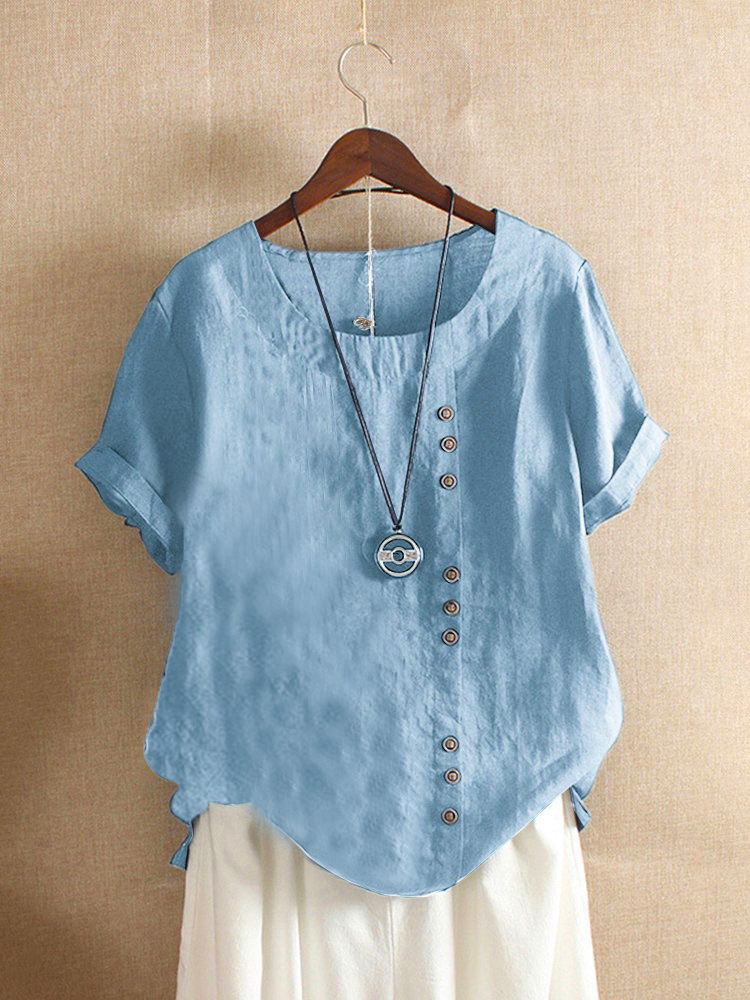 Vintage Harajuku Button T Shirt Casual Summer Short Sleeve Cotton Linen Solid Loose Blouse Elegant Oversize Tee Shirt Streetwear