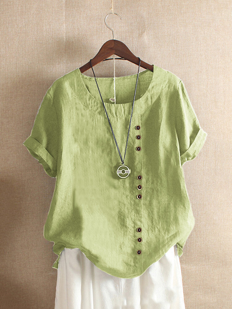 Vintage Harajuku Button T Shirt Casual Summer Short Sleeve Cotton Linen Solid Loose Blouse Elegant Oversize Tee Shirt Streetwear