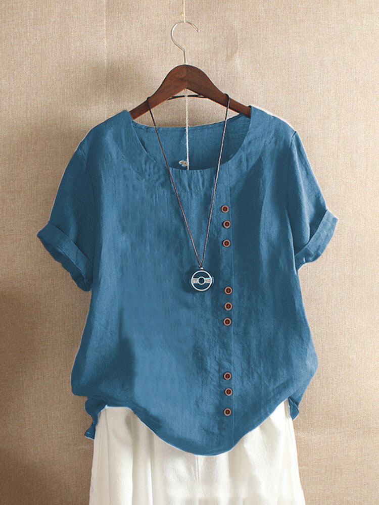 Vintage Harajuku Button T Shirt Casual Summer Short Sleeve Cotton Linen Solid Loose Blouse Elegant Oversize Tee Shirt Streetwear