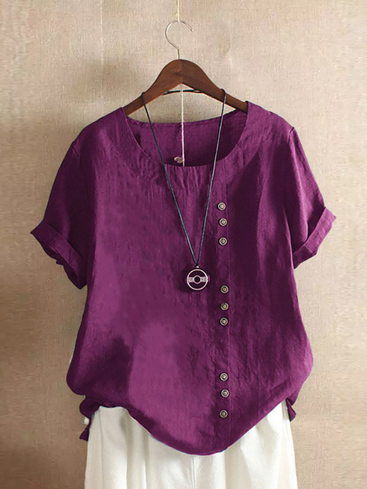 Vintage Harajuku Button T Shirt Casual Summer Short Sleeve Cotton Linen Solid Loose Blouse Elegant Oversize Tee Shirt Streetwear