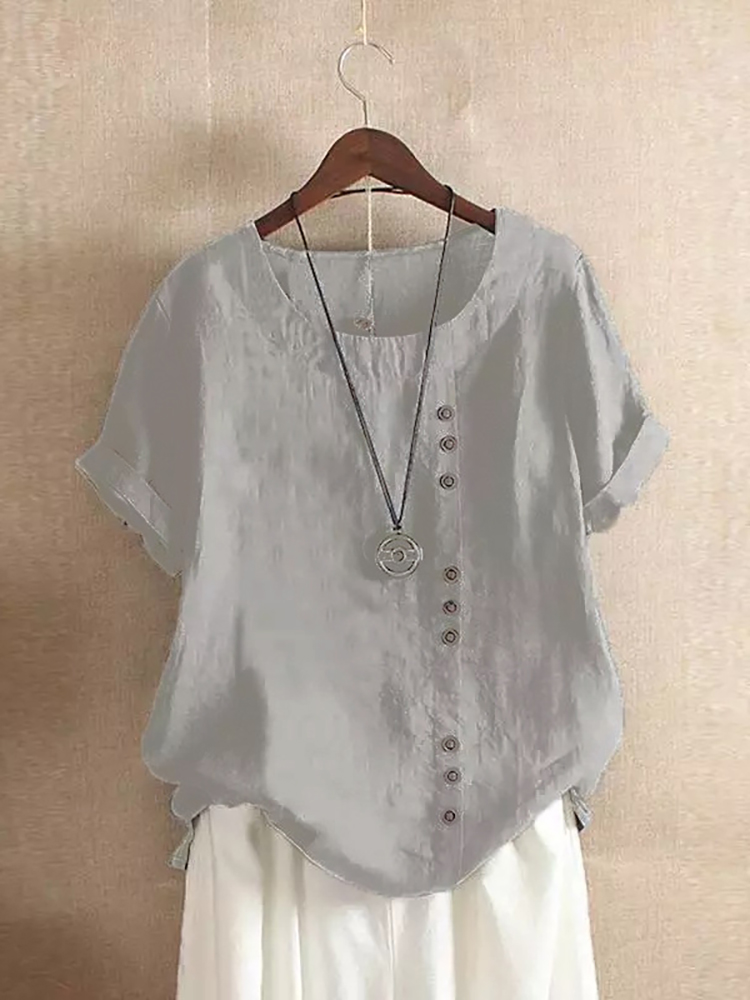 Vintage Harajuku Button T Shirt Casual Summer Short Sleeve Cotton Linen Solid Loose Blouse Elegant Oversize Tee Shirt Streetwear