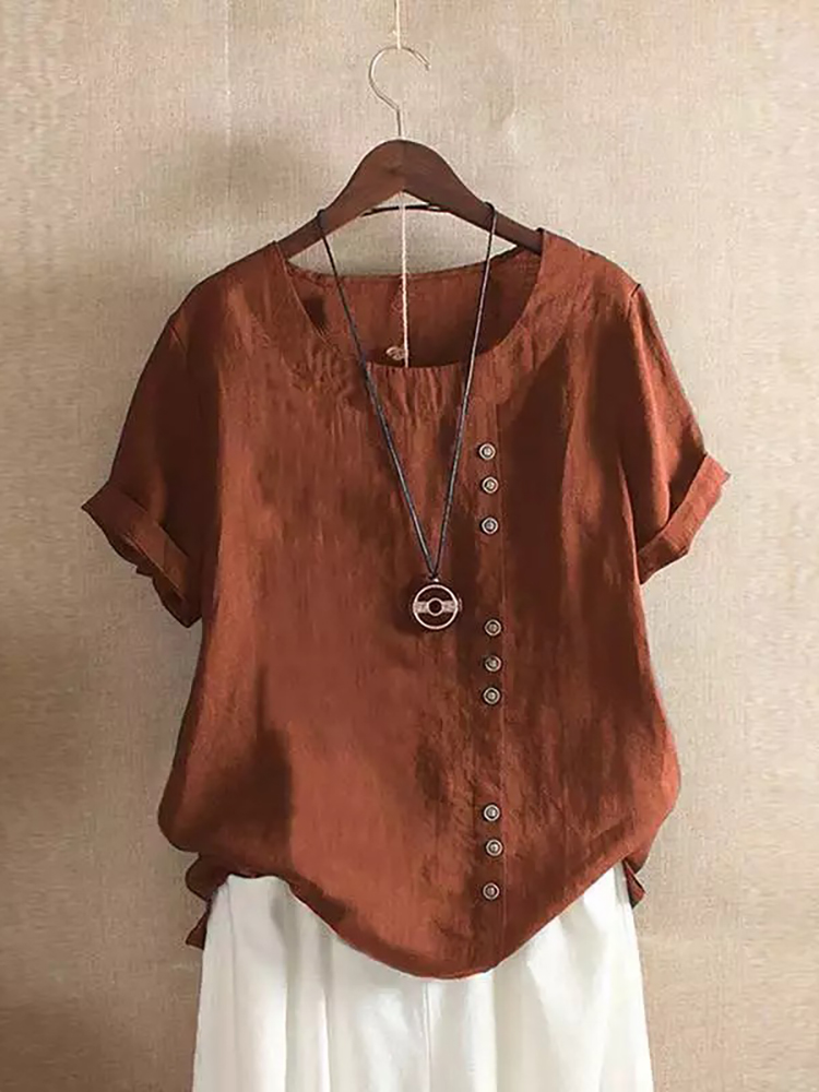 Vintage Harajuku Button T Shirt Casual Summer Short Sleeve Cotton Linen Solid Loose Blouse Elegant Oversize Tee Shirt Streetwear