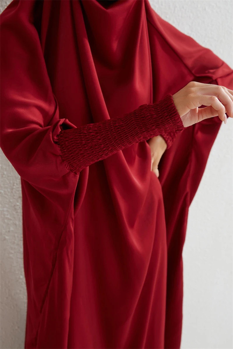 Muslim Abaya Hooded Smocking Sleeve One-piece Prayer Dress Women Jilbab Islamic Clothing Dubai Saudi Black Robe Turkish Modesty