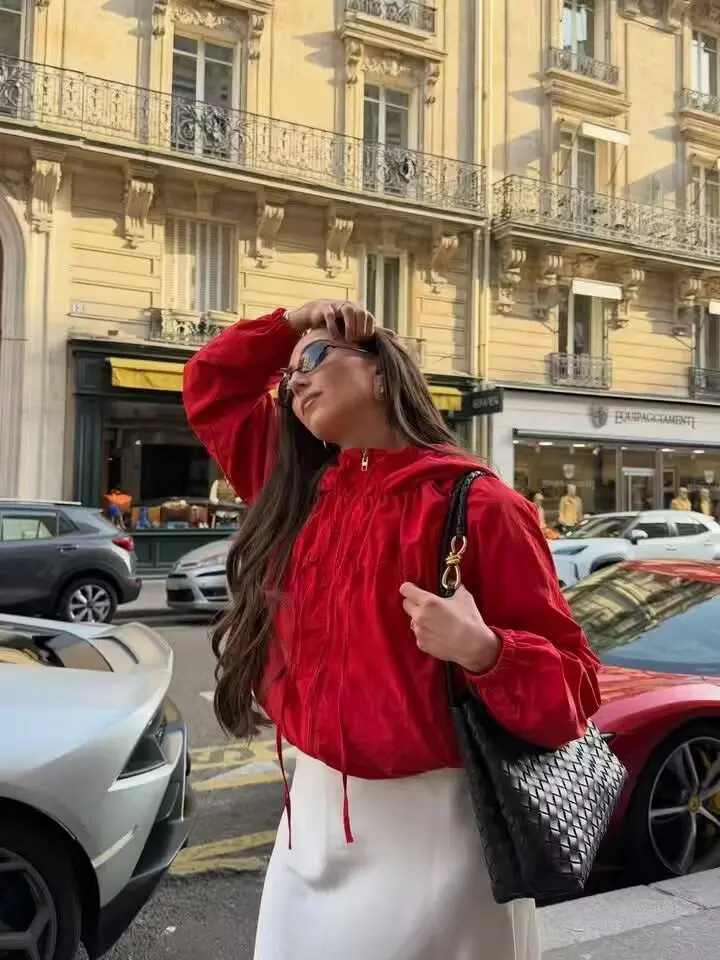 Women's Jacket 2026 Autumn New Red Long-Sleeve Drawstring Decorative Festive Hoodie Zipper Cardigan Casual Fashion Versatile