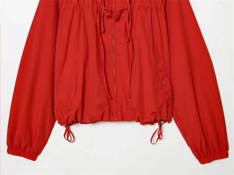 Women's Jacket 2026 Autumn New Red Long-Sleeve Drawstring Decorative Festive Hoodie Zipper Cardigan Casual Fashion Versatile