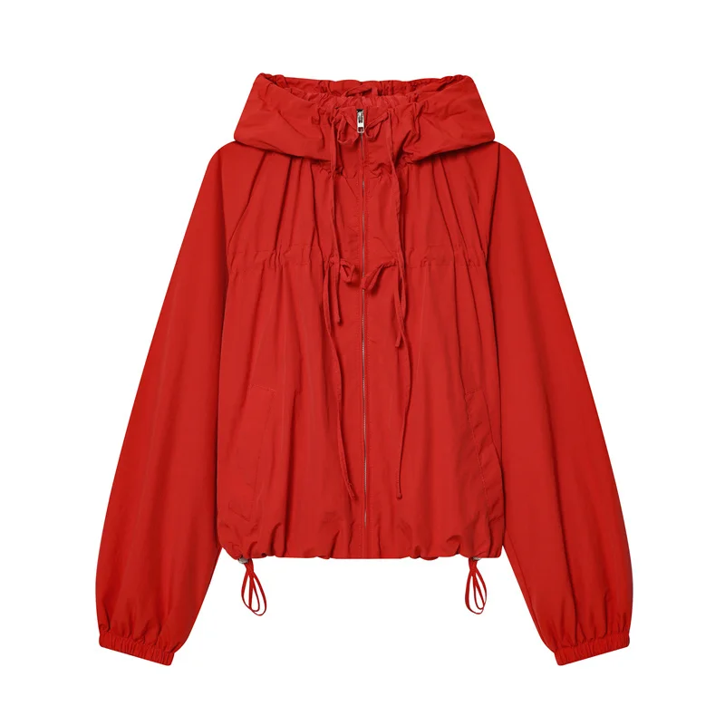 Women's Jacket 2026 Autumn New Red Long-Sleeve Drawstring Decorative Festive Hoodie Zipper Cardigan Casual Fashion Versatile