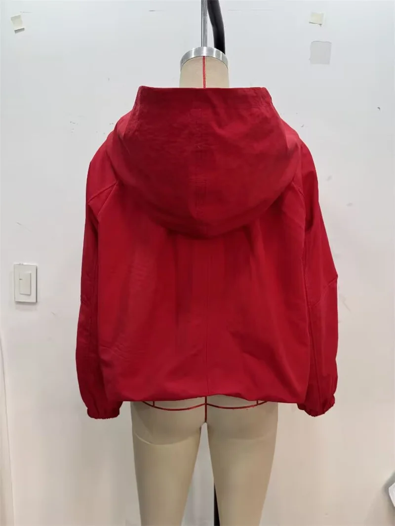 Women's Jacket 2026 Autumn New Red Long-Sleeve Drawstring Decorative Festive Hoodie Zipper Cardigan Casual Fashion Versatile