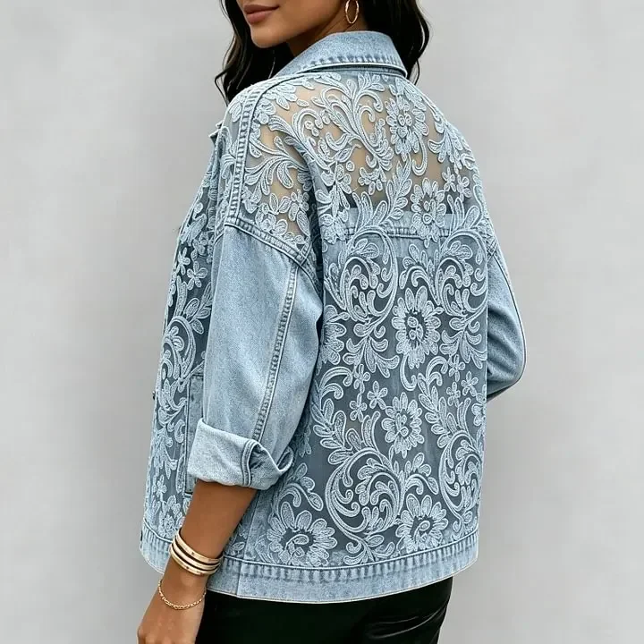Women Lace Spliced Denim Jacket Loose Casual Lapel Collar Long Sleeve Single Breasted Short Coat Fashion Streetwear Outerwear