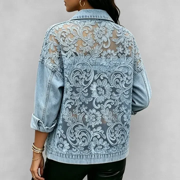 Women Lace Spliced Denim Jacket Loose Casual Lapel Collar Long Sleeve Single Breasted Short Coat Fashion Streetwear Outerwear