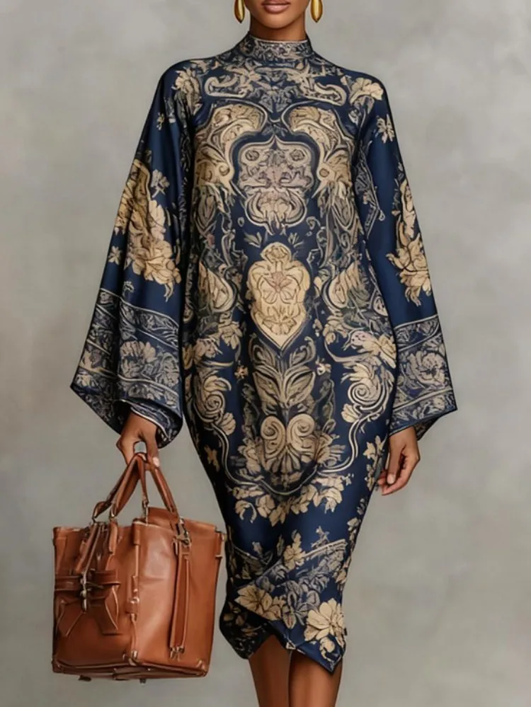 Yeezzi 2026 New Retro Classic Printed Party Evening Midi Dresses Loose Batwing Sleeves Elegant Ramadan Church Kaftan Dress Robe