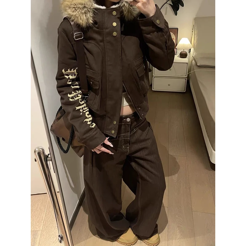 ZHIZOU American Pattern Embroidery Baggy Brown Jeans Women High Street Vintage Y2K 2000s Hip Hop Fashion Casual Wide-leg Pants