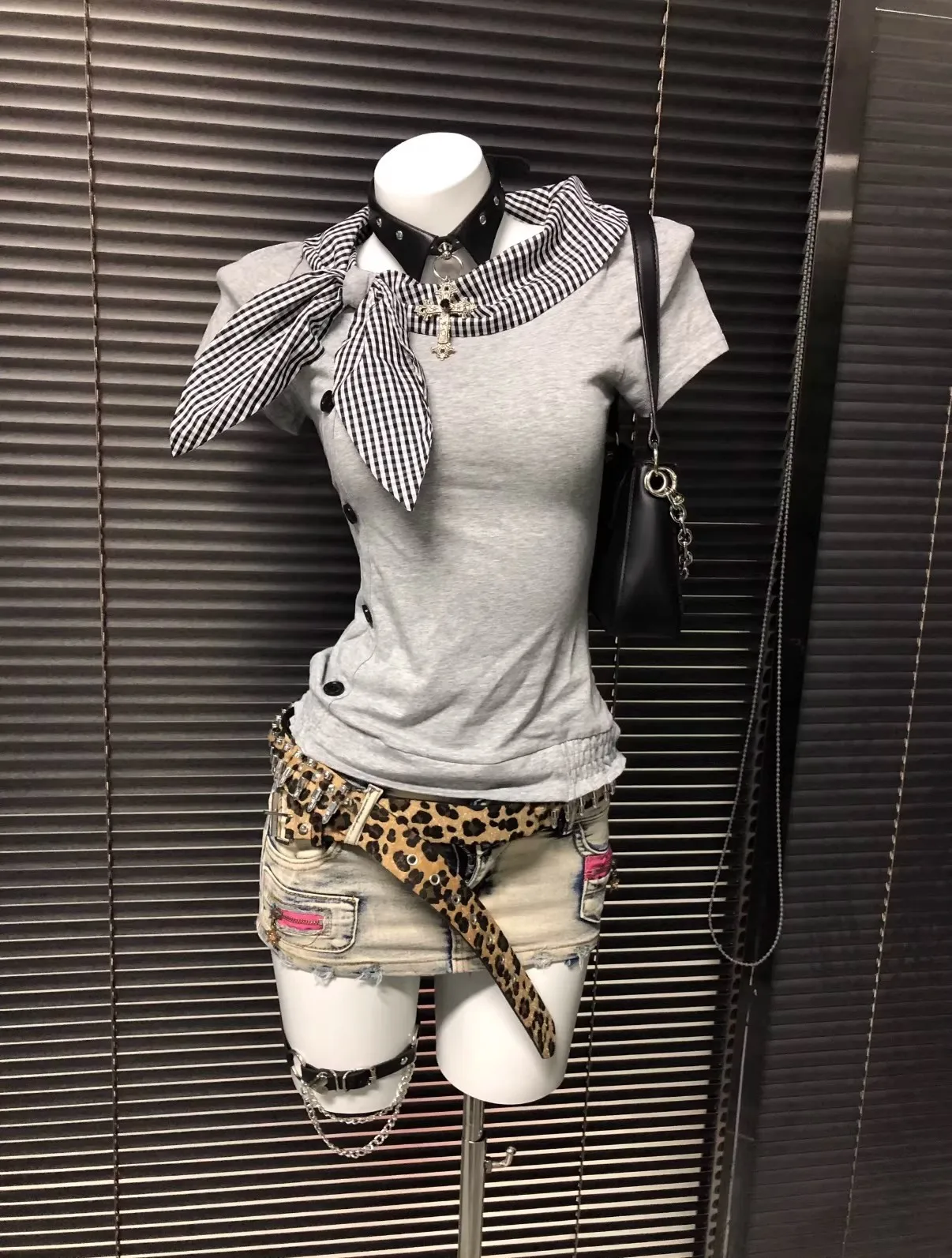 Richgirl American Retro Style Irregular Short-Sleeved T-Shirt Millennium Subculture Vintage Plaid Navy Collar Top
