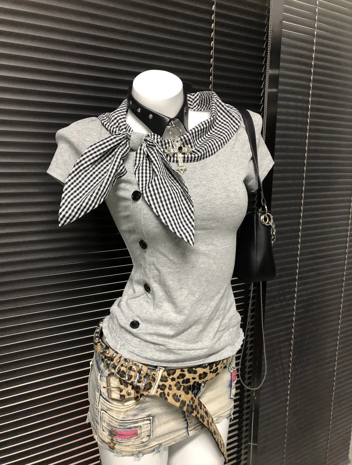 Richgirl American Retro Style Irregular Short-Sleeved T-Shirt Millennium Subculture Vintage Plaid Navy Collar Top
