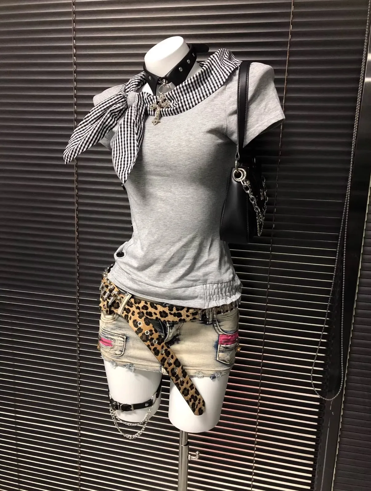 Richgirl American Retro Style Irregular Short-Sleeved T-Shirt Millennium Subculture Vintage Plaid Navy Collar Top