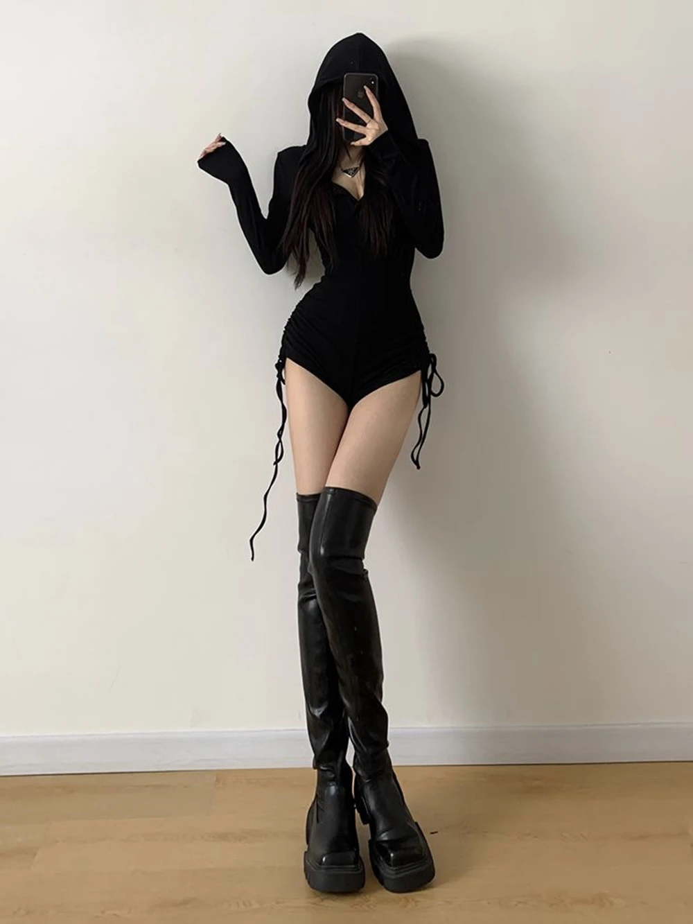 Women's Jumpsuits Y2k Shorts Playsuits 90s Vintage Slim Casual Sexy Bodysuits Long Sleeves Aesthetic Punk Korea Hooded With Hat